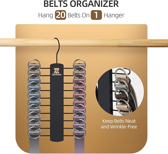 ZEDODIER Tie Hanger with 20 Hooks, Space Saving Necktie Organizer for Men, Large Capacity Tie and Belt Wooden Hanger for Closet, Black