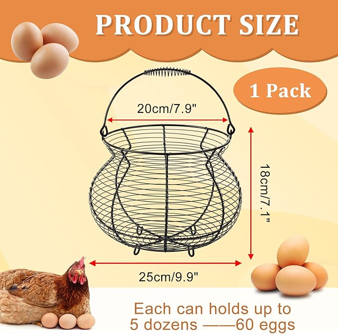 1 PCS Black Big Belly Wire Egg Baskets for Fresh Egg With Handle, Small Metal Wire Basket for Gathering Fresh Chicken and Duck Eggs, Hunting Basket Egg Holder Countertop