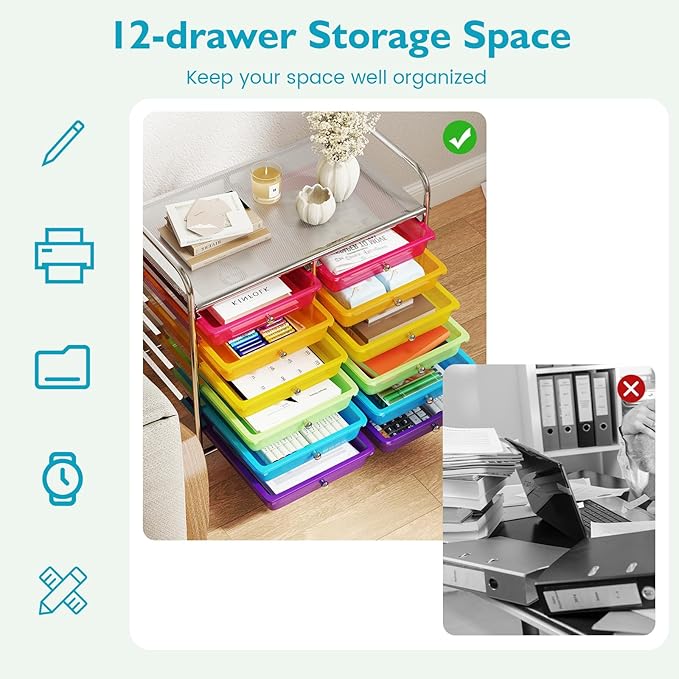 GOFLAME 12-Drawer Rolling Storage Cart, Multifunctional Art Craft Organizer Cart, Mobile Utility Storage Cart with Removable Drawers & Lockable Wheels, Craft Cart for Home Office School, Rainbow