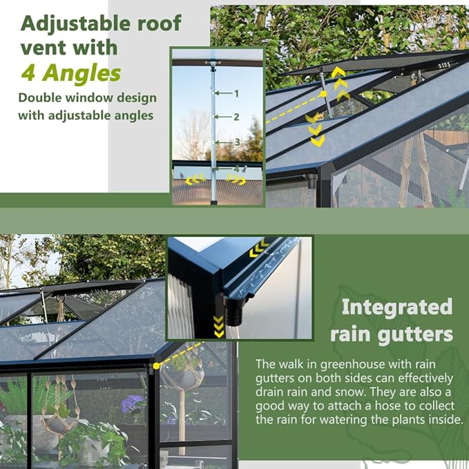 Heavy-Duty Polycarbonate Greenhouse with Double Flush Door, Rain Gutter & Adjustable Ventilation Window for Garden, Backyard or Sunroom Use (6x8 FT)