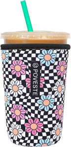 Reusable Neoprene Insulator Sleeve for Iced Coffee & Cold Soda, Coffee Sleeves for Iced & Hot Drinks, Cold Beverage Cooler Compatible with Starbucks, Dunkin (Checkerboard&Daisy, Medium: 22-24oz)