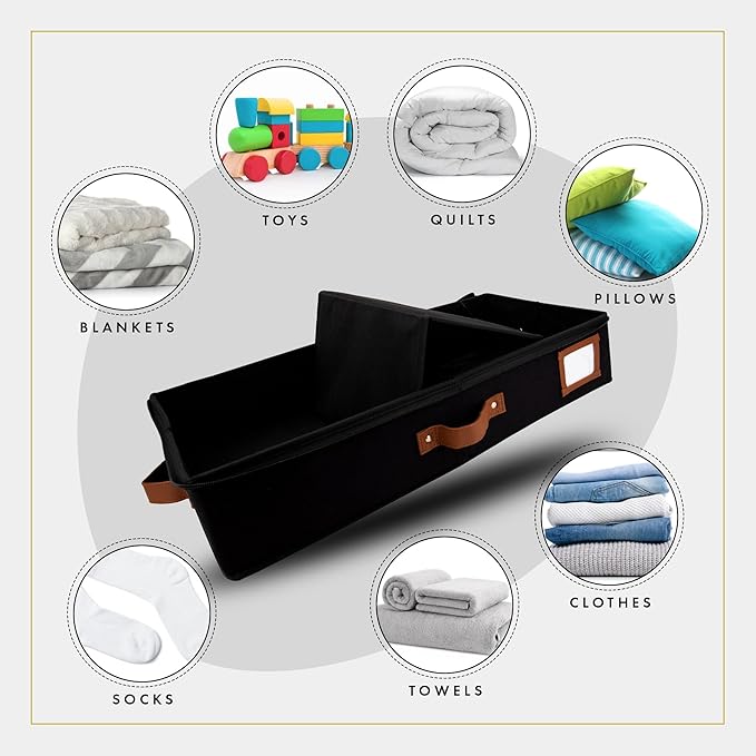 HOMELUX THEORY 2pc Under Bed Storage Containers, Bedroom Under the Bed Drawer Storage Organizer with Bins and Lids, Medium Underbed Clothes Storage Box Ideal for Blanket, Fabric, & Shoes (Black)