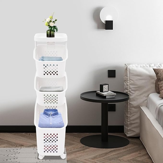 Tiered Laundry Storage Organizer Tiered Laundry Hamper Sorter Bathroom Laundry Basket with Wheels Removable Plastic Storage Basket for Kitchen (3-Tier)