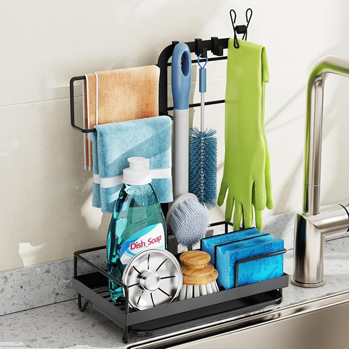 GSlife Sink Caddy Kitchen Sink Organizer - Large All-in-One Sponge Holder with Towel Holder, Rust Resistant Countertop Caddy with Drip Tray and Hooks for Brush, Gloves, Drying Hanger, Black