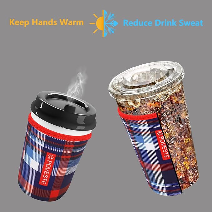 Reusable Neoprene Insulator Sleeve for Iced Coffee & Cold Soda, Coffee Sleeves for Iced & Hot Drinks, Cold Beverage Cooler Compatible with Starbucks, Dunkin (Scottish Plaid, Medium: 22-24oz)