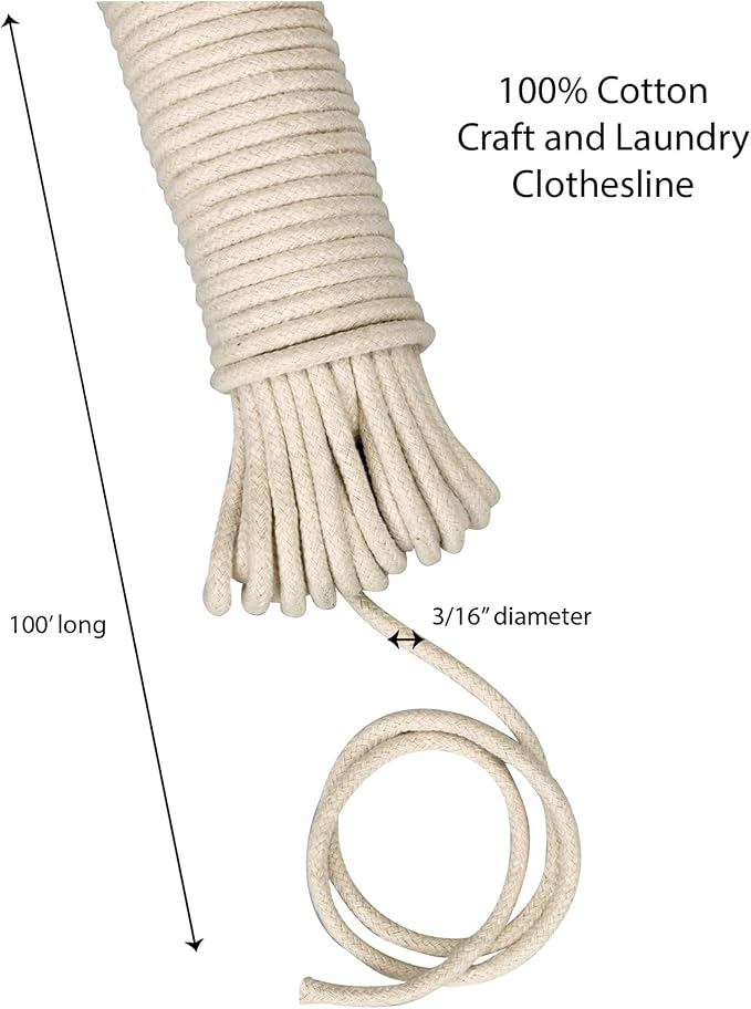 Household Essentials All-Purpose Cotton Clothesline Rope, 100, Off White