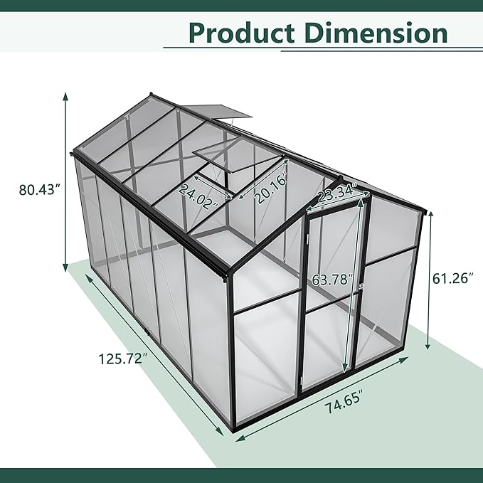 Large Walk-in Clear Polycarbonate Greenhouse with Rain Gutters & Adjustable Roof Vent - Sturdy Aluminum Frame Outdoor Plant House for Vegetable, Flower & Garden Growth-Outbuilding (6x10 ft)