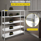 VEVOR Storage Shelf, 5-Tier Storage Shelving Unit, Stainless Steel Garage Shelf, Heavy Duty Storage Shelving, 1650 Lbs Total Capacity with Adjustable Height