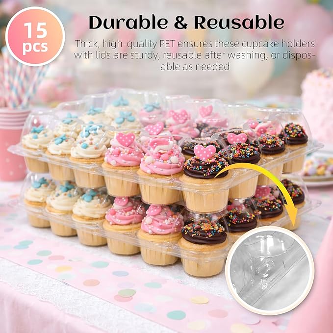 (24 Count x 15 Sets Plastic Cupcake Containers with Liners, Clear Cupcake Holder with Lids, Disposable Cupcake Carrier for Bakery, Cupcake Storage Box for Parties, Bake Sale Packaging