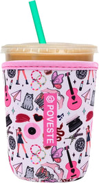 Reusable Neoprene Insulator Sleeve for Iced Coffee & Cold Soda, Coffee Sleeves for Iced & Hot Drinks, Cold Beverage Cooler Compatible with Starbucks, Dunkin (On Tour Pink, Small: 16-18oz)
