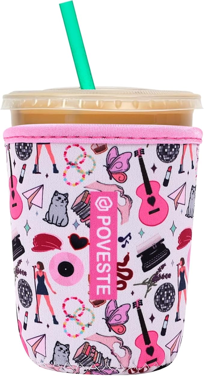 Reusable Neoprene Insulator Sleeve for Iced Coffee & Cold Soda, Coffee Sleeves for Iced & Hot Drinks, Cold Beverage Cooler Compatible with Starbucks, Dunkin (On Tour Pink, Small: 16-18oz)