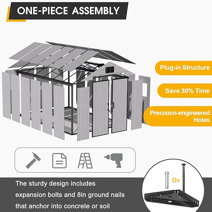MELLCOM 8 x 12 FT Outdoor Resin Storage Shed with Floor, Garden Storage Shed with Windows and Lockable Door, Resin Tool Shed for Lawnmower, Pool Supply, Bike