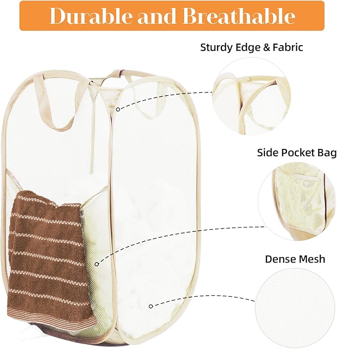 2 Pcs Durable Collapsible Laundry Baskets - Reinforced Mesh Pop Up Laundry Hamper with Pocket, Foldable Dirty Clothes Hamper with Carry Handles for Laundry, Bathroom, Kids Room, Dorm or Travel Beige