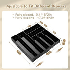 1 Pcs Acrylic Desk Drawer Organizer 9'' up to 18'' x 15'' x 2.1'' Expandable Drawer Organizer Trays with 7 Adjustable Compartments Black Desk Accessories for Makeup Office Bathroom