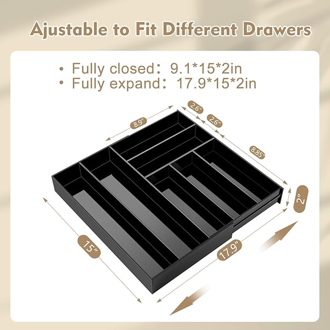 1 Pcs Acrylic Desk Drawer Organizer 9'' up to 18'' x 15'' x 2.1'' Expandable Drawer Organizer Trays with 7 Adjustable Compartments Black Desk Accessories for Makeup Office Bathroom