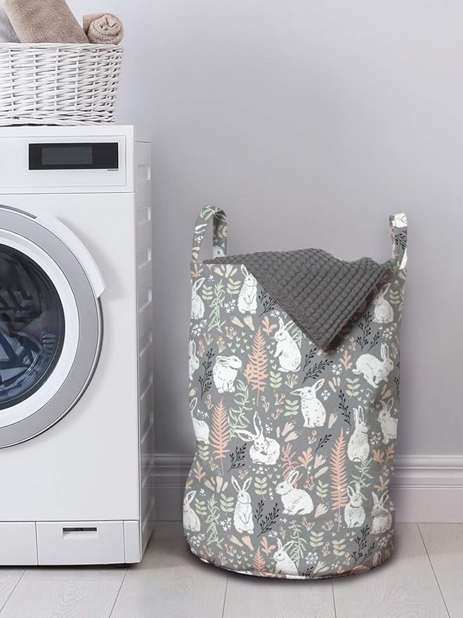 Ambesonne Bunny Laundry Bag, Nature Inspired Pattern Drawn by Hand with White Hares Hearts and Floral Elements, Hamper Basket with Handles Drawstring Closure for Laundromats, 13" x 19", Multicolor
