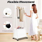 Laundry Cart with Hanging Rack, Metal Rolling Laundry Cart Laundry Hamper with Fabric Storage Basket Clothes Rack with Lockable Wheels for Hanging Clothes & Storing Toys Hats (White)