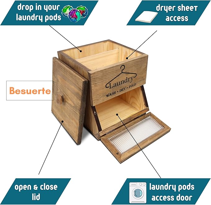Besuerte Laundry Pod Holder - 2 Tiered Rustic Wooden Dispenser, Dryer Sheet Container for Laundry Room Organizer, Brown