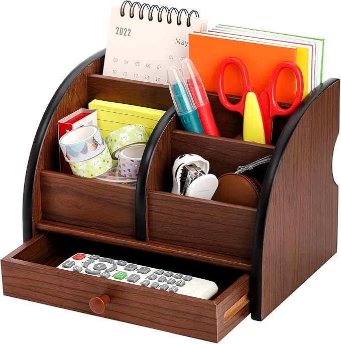 Foraineam Wooden Desk Organizer with Drawer, Remote Control Holder Caddy, Makeup Organizers, Wood Pencil Holder Desktop Supplies and Stationery Rack for Home Office School Tabletop Accessories Storage