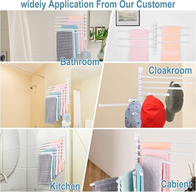 6-Arm Stainless Steel Swivel Towel Rack with Hook: Wall-Mounted, Rustproof Space-Saver for Bathroom & Kitchen-180° Rotation, 14kg Capacity(White)