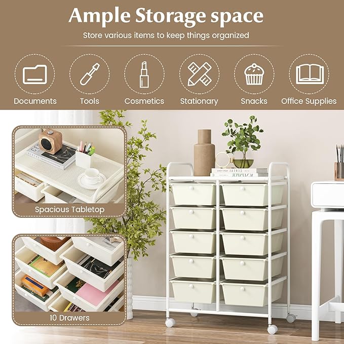 RELAX4LIFE 10 Drawer Storage Cart - Ivory Metal Frame Rolling Art Cart Organizer with Lockable Wheels, Utility Cart for Crafting Storage, Office, Home, School
