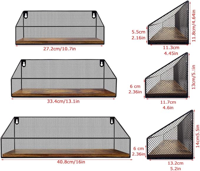 Schliersee Floating Shelves Wall Mounted Mesh Storage Shelf Set for Bathroom, Bedroom, Kitchen, Living Room, Office, 3 Packs