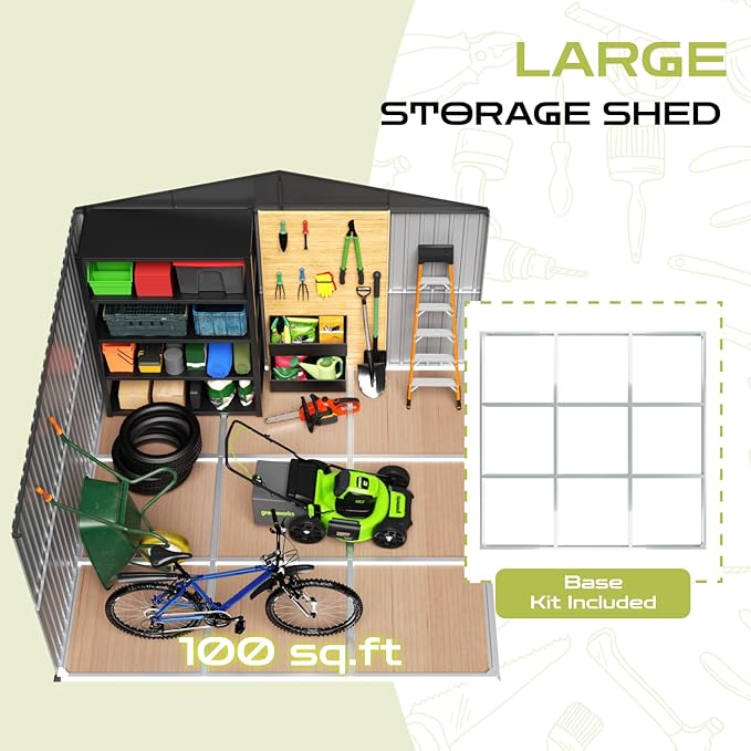 10' x 10' XL Outdoor Storage Shed, Sturdy Metal Building w/Floor and Operable Window for Garden, Backyard, Poolside and Lawn, Grey