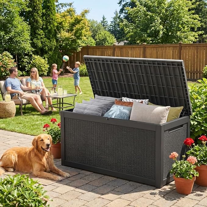 Outdoor Storage Box Waterproof, 320 Gallon Large Lockable Deck Box, Patio Storage Bin Bench for Pool Accessories Cushion Furniture, Garden Tools, UV-Resistant Outside Delivery Black