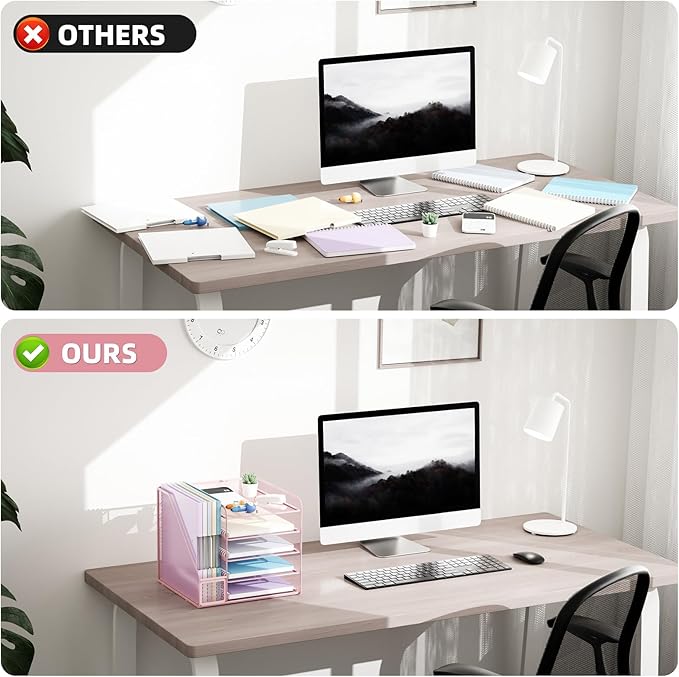 Marbrasse Desk Organizers and Accessories, 5-Tier Paper Letter Tray Organizer with File Holder, Mesh File Organizer, Office Desk Accessories & Organization for Supplies (Pink)