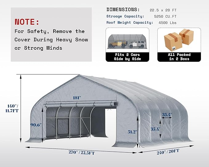 AMERLIFE 22.5 x 20 FT Enclosed Carport, Heavy Duty Garage with Waterproof Cover, UV Protection & Wind Resistant, Portable Carport for 2 Car, Boat Shelter & Farm Outdoor Storage, Silver
