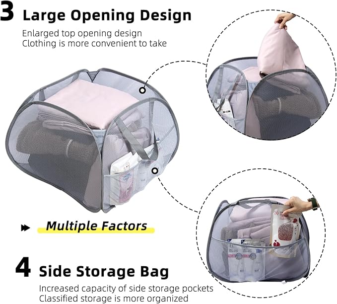 Collapsible Laundry Basket, 90L Foldable Pop Up Laundry Hamper with Handles, Mesh Dirty Clothes Hamper for Laundry, Bathroom, Kids Room, Dorm,Travel or Camping (Gray, 2PCS)