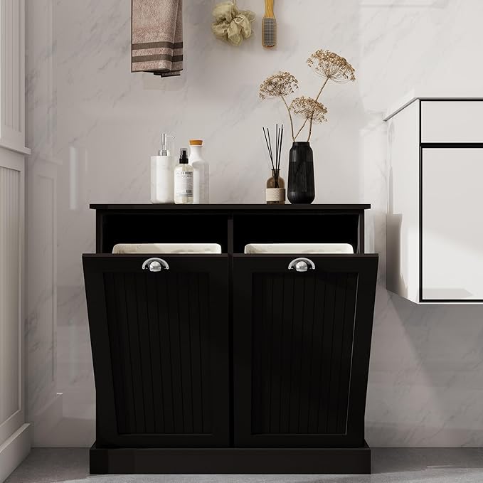 Two-Compartment Tilt-Out Laundry Sorter Cabinet-Black