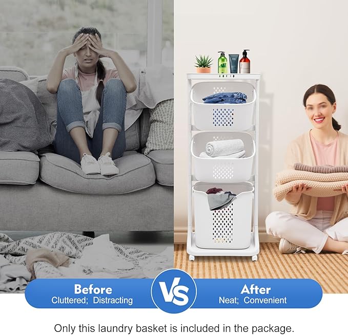Laundry Sorter Cart, 3 Tier Laundry Hamper for Wash Clothes Storage Basket Organizer Shelf, Bathroom Rolling Cart Utility Storage Organizer Shelf for Kitchen Living Room Bathroom Laundry Room