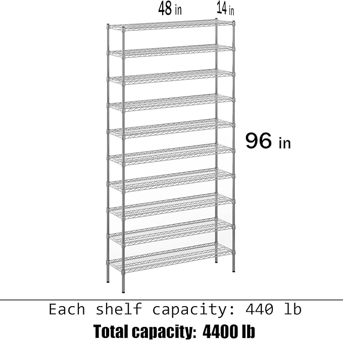 14" Deep x 48" Wide x 96" Height Wire Shelving Kit | 10-Tier | NSF Commercial Storage Rack Unit
