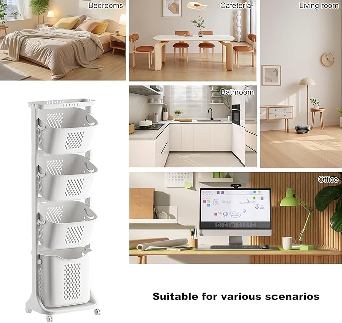 4-Tier Rolling Laundry Sorter with Removable Baskets, Laundry Cart Organizer for Bathroom, Laundry Room & Closet, Space-Saving Storage for Home and Dorm, White