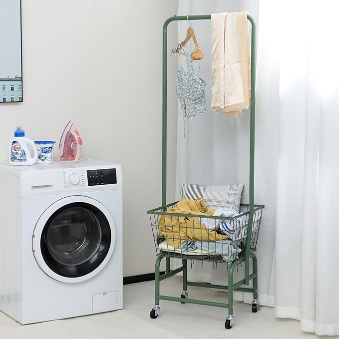 ALIMORDEN Laundry Cart with Clothes Rack, Rolling Laundry Butler with Wire Storage Rack，Green