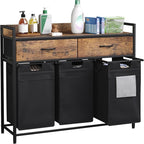 Laundry Sorter with 2 Drawers, 150L with Pull-Out Removable Laundry Bags, Laundry Hamper Baskets with 3 Section and Wheels, Rustic Brown and Black