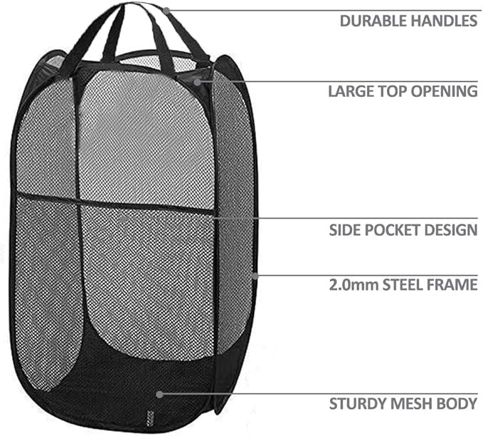 2 Packs Mesh Pop up Laundry Hamper (Black) with Portable Handles, Collapsible for Storage, Foldable Pop-Up Laundry Bags for Home, College Dorm or Travel