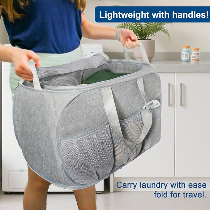 Collapsible Laundry Baskets, Tear Proof Pop Up Laundry Hamper with Lid, Dual Handles Durable Foldable Laundry Basket, Easy to Carry Laundry Hamper for Home, Laundry Room, Bedroom, Dorm, Travel Grey