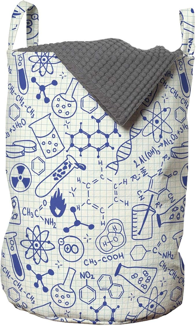 Ambesonne Cartoon Laundry Bag, Science Chemistry Geometry Math Nerd Geek and Genius Themed Design Art, Hamper Basket with Handles Drawstring Closure for Laundromats, 13" x 19", Blue and Ivory
