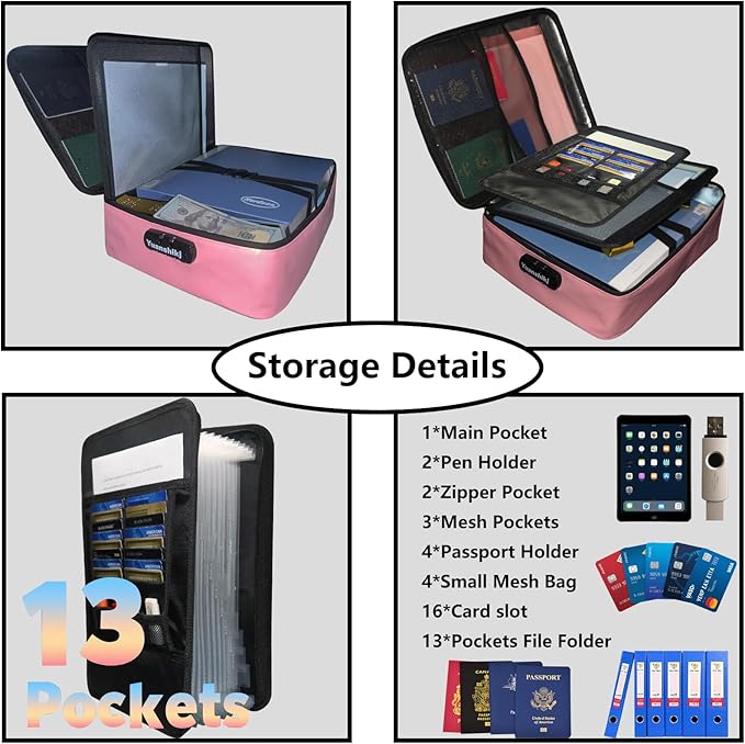 Yuanshikj Heat Insulated Fireproof Waterproof Safe File Organizer,Document Organizer Box with Lock Labels,Multi-Layer Portable Home Travel Safe Storage Box for Important Documents (Pink)