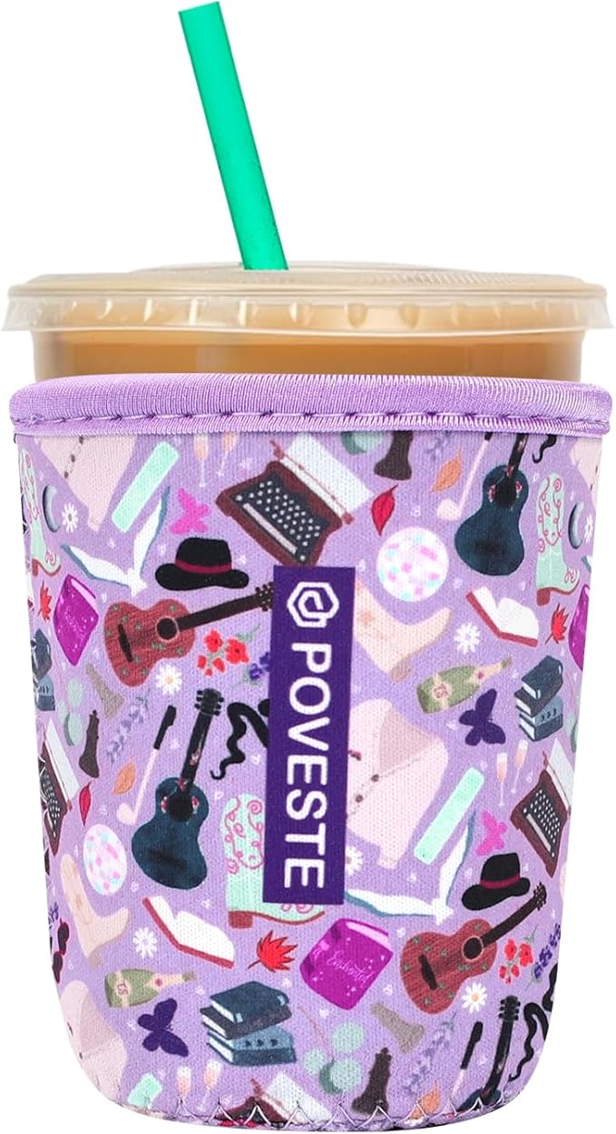 Reusable Neoprene Insulator Sleeve for Iced Coffee & Cold Soda, Coffee Sleeves for Iced & Hot Drinks, Cold Beverage Cooler Compatible with Starbucks, Dunkin (On Tour Purple, Small: 16-18oz)