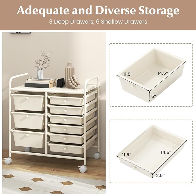 RELAX4LIFE 9 Drawer Rolling Storage Cart - Mobile Drawer Carts for Craft Art Supply Paper Salon, Utility Cart on Wheels for Classroom Teacher School Office, Rolling Cart with Drawers (Ivory White)