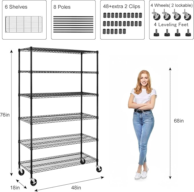 6000Lbs Capacity Heavy Duty Storage Shelves Commercial Wire Shelving Unit and Storage Adjustable NSF 6 Tier Metal Rack Shelf on Wheels for Garage Basement, 76 H x 48 L x 18 D - Black