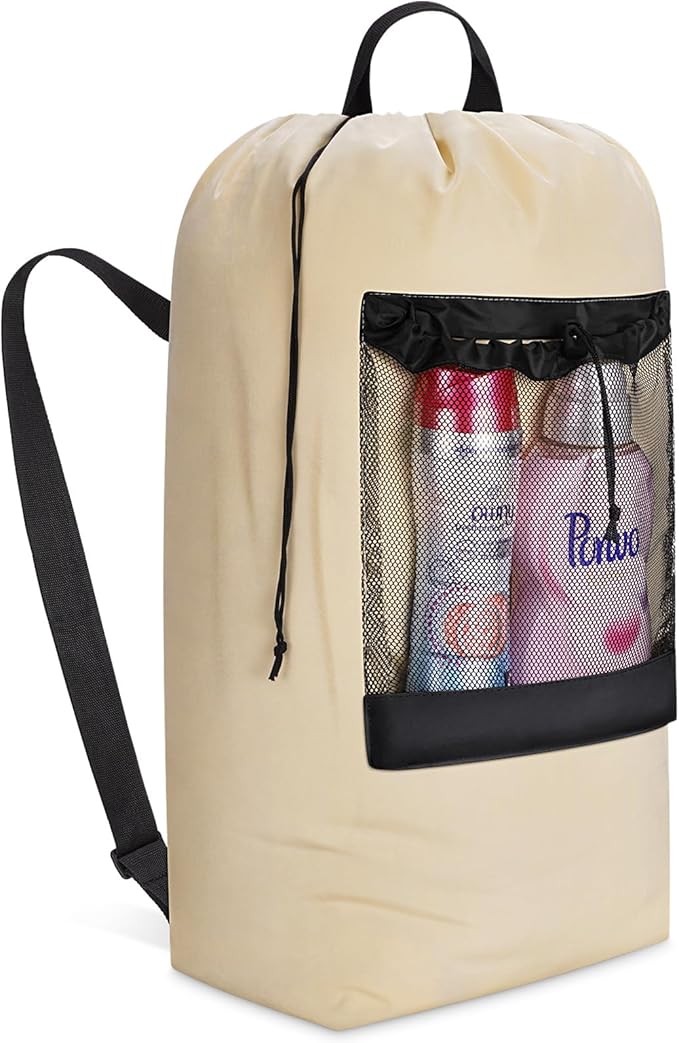 Lifewit Laundry Bag, Extra Large Laundry Backpack with Shoulder Straps and Mesh Pocket for Laundromat, Heavy Duty Laundry Bag Backpack for Dirty Clothes for College Dorm/Travel/Apartment, 90L, Khaki
