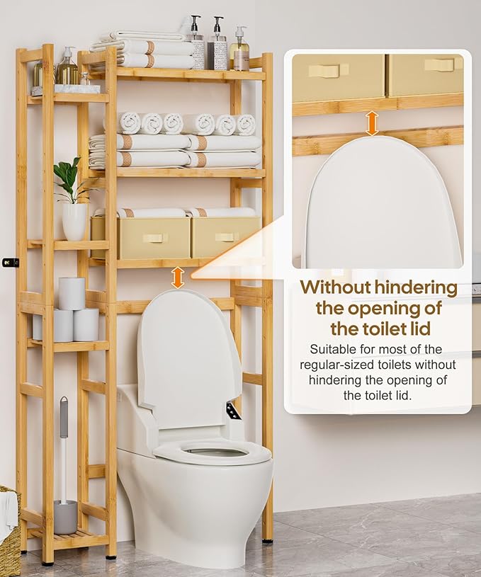 Homde Over The Toilet Storage with Basket and Drawer, Bamboo Bathroom Organizer with Adjustable Shelf & Waterproof Feet Pad, Space Saver Rack for Restroom, Laundry,Natural