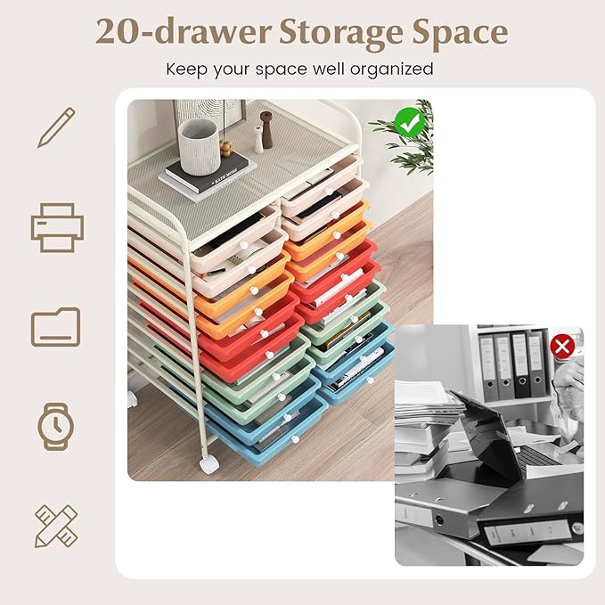 GOFLAME 20-Drawer Rolling Storage Cart, Multifunctional Art Craft Organizer Cart, Mobile Utility Storage Cart with Removable Drawers & Lockable Wheels, Craft Cart for Home Office School, Macaron Color