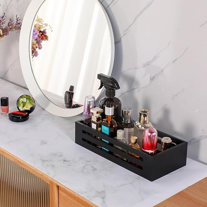 Bathroom Decor Box,Wooden Toilet Tank Topper Basket Tray,Back of Toilet Basket for Paper Storage Bathroom Counter Organizer (Black, Hollowed-Out 15 * 6.1 * 3in)