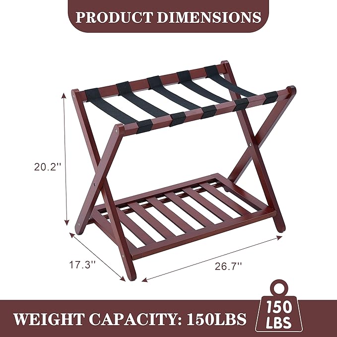 Full Assembled Luggage Rack with 3-Layer Lacquer, Heavy-Duty Up to 150 lbs, Folding Suitcase Stand with Storage Shelf for Home, Guest Room, Bedroom, Hotel