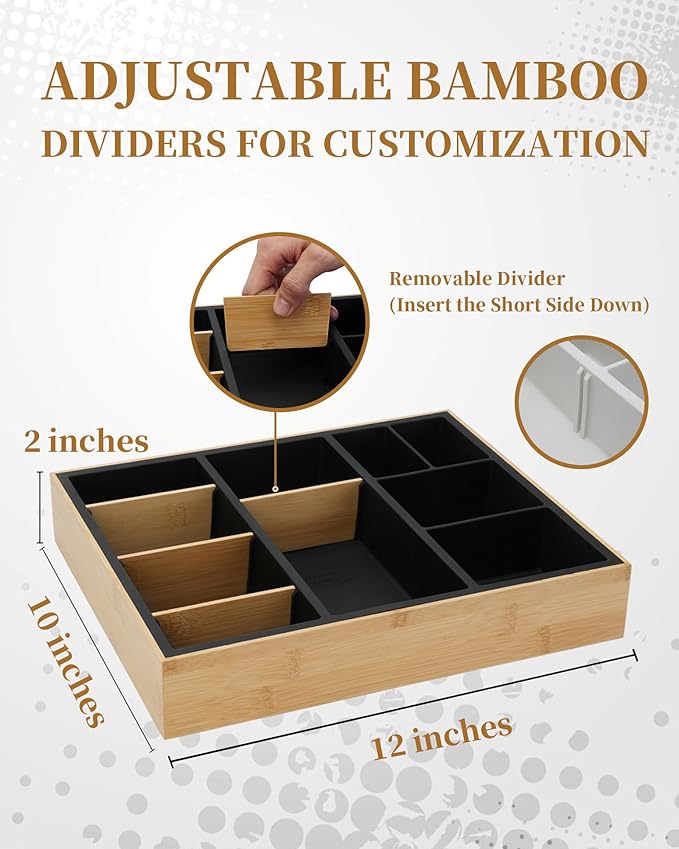 Bamboo Desk Drawer Organizer Tray, Silicone Sturdy Junk Drawer Organizer with 10 Adjustable Compartments, Desk Organizers and Accessories with 4 Removable Dividers for Office Home (White)
